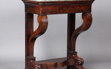 A early 19th century French figured mahogany narrow console table with grey marble top, fitted with
