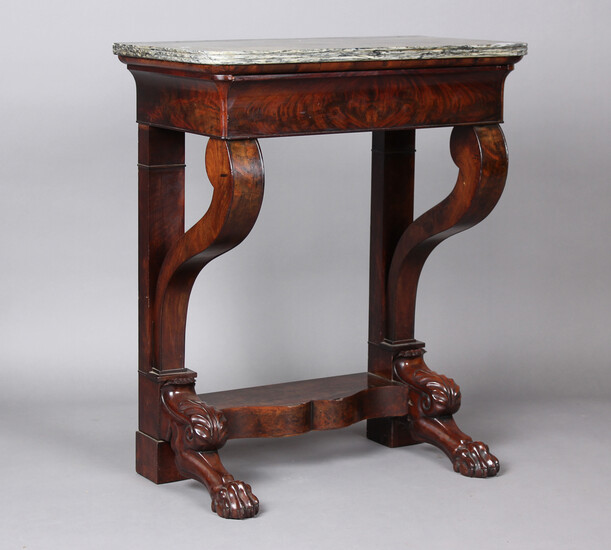 A early 19th century French figured mahogany narrow console table with grey marble top, fitted with