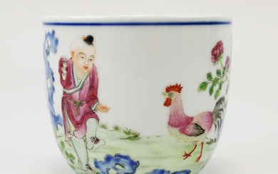 A famille rose chicken cup, boy with rooster
