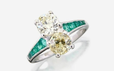 A fancy yellow diamond, diamond, emerald, and platinum
