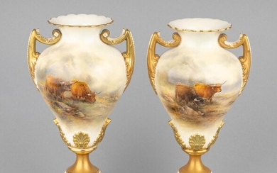 A fine matched pair of Royal Worcester vases each painted with highland cattle in a landscape and signed J. Stinton. 11 in. (27.9 cm.) h.