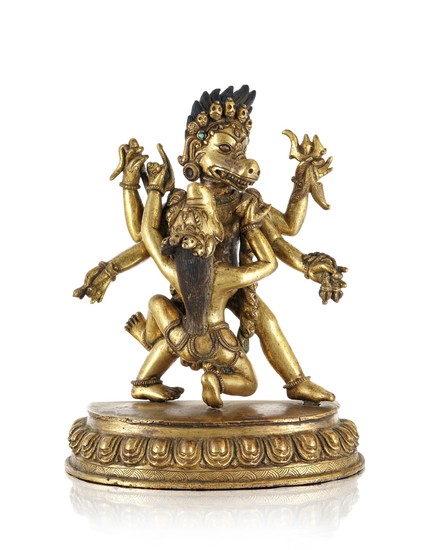 A gilt bronze figure of Varaha and Varahi in yab yum union, Tibet or Nepal, 19th century, 18,5 cm high
