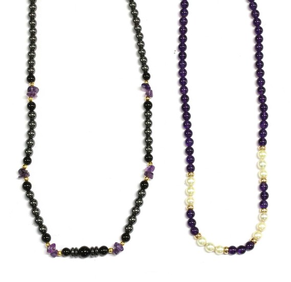 A gold amethyst and cultured pearl necklace