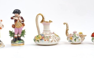 A group of Derby porcelain, to include two Stevenson & Hancock figures, one of a farmhand holding a lamb, the other of a man clutching a flower, each to a gilt highlighted base and with purple enamel mark to underside, 17cm high, together with a...