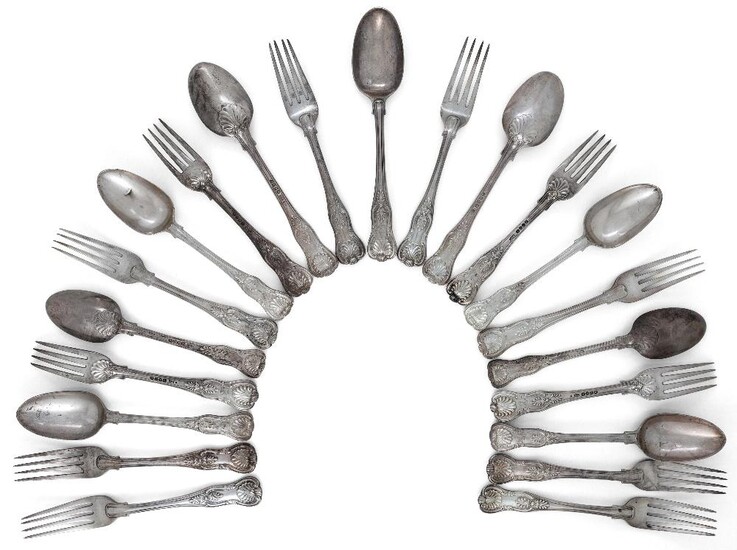 A group of silver King's pattern flatware by Mary Chawner, London, c.1837 (various dates) comprising: 3 table spoons; 6 dessert spoons and 12 table forks, with matching crests, total weight approx. 66oz (a lot)