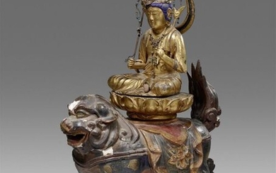 A lacquered, gilded and polychromed wood figure Monjû Bosatsu. Edo...
