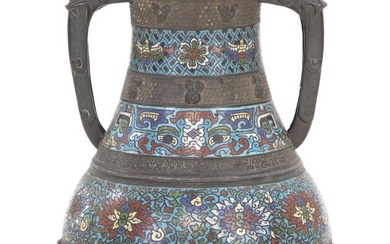 A large Chinese archaic style cloisonné baluster vase deocrated in horizontal bands...