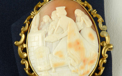A late Victorian gold mounted shell cameo brooch, carved to depict a Queen, possibly giving offerings of devotion.