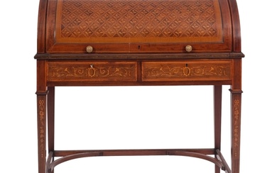 A late Victorian or Edwardian mahogany and marquetry rolltop...