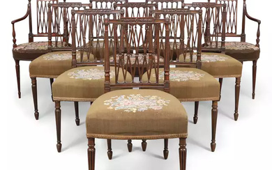 A matched set of ten George III mahogany dining chairs, last quarter 18th century, in the manner...