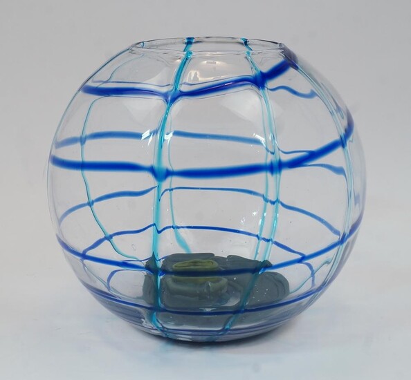 A monumental contemporary art glass vase / storm shade, recent manufacture, of spherical form, in clear glass with blue and green striped decoration, 34cm high