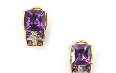 A pair of 18 karat gold amethyst and diamond earrings. Featuring cushion, carré cut amethyst and ten brilliant cut diamonds. French fitting. Gross weight: 10.4 g.