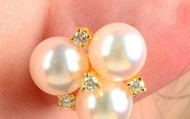 A pair of 18ct gold cultured pearl and brilliant-cut diamond earrings, by Mikimoto.Estimated total