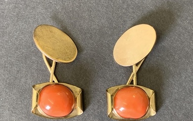 A pair of 9ct gold and orange stone set cufflinks, combined ...