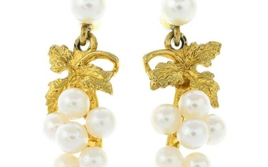 A pair of 9ct gold cultured pearl earrings, each depicting a bunch of grapes.