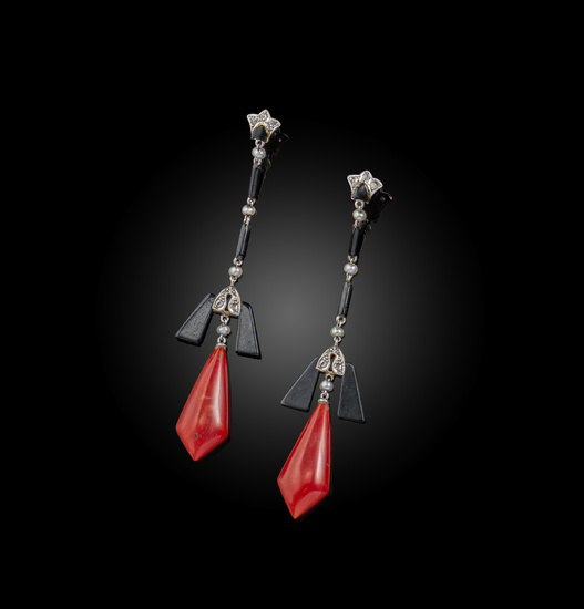 λ A pair of Art Deco coral and enamel earrings