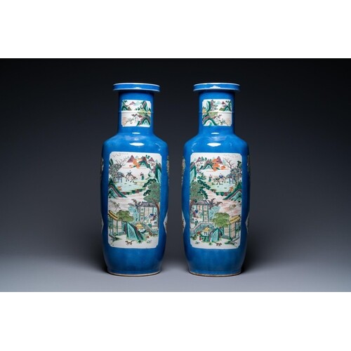 A pair of Chinese famille verte powder-blue ground vases, Ka...