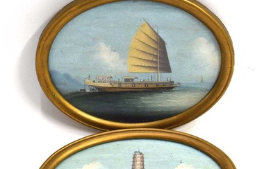 A pair of Chinese gouache paintings, depicting a paddle boat...