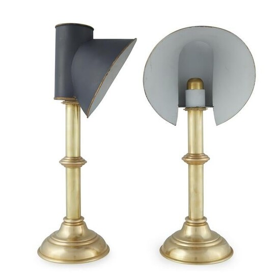 A pair of Regency style brass and tole lamps with