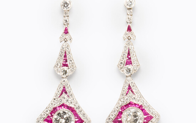 A pair of diamond, ruby and platinum earrings