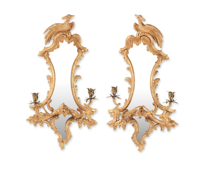 A pair of giltwood girandoles in the George II Rococo style