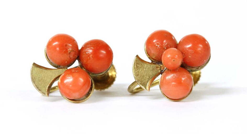 A pair of gold coral bouton trefoil earrings