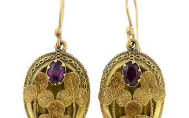 A pair of late 19th century gold, garnet foliate earrings.