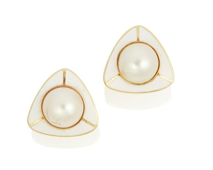 A pair of mabe pearl and enamel earrings