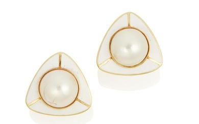 A pair of mabe pearl and enamel earrings