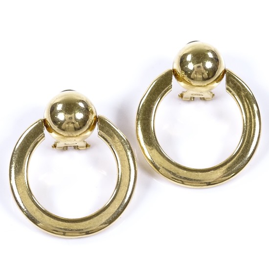A pair of modern 18ct gold hoop earrings, earring height 32....
