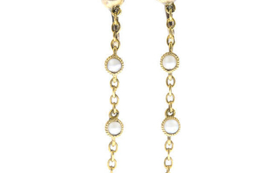 A pair of peridot and seed pearl drop earrings.