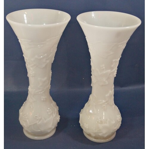 A pair of trumpet shaped white ground Peking glass vases, wi...