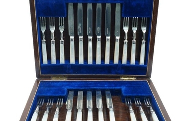 A part set of silver cutlery with mother-of-pearl handles, Sheffield, 1925, Walker & Hall, lacking one knife, in a mahogany fitted case with brass plaque to the lid