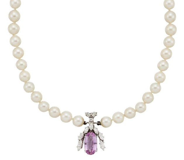 A pink topaz, diamond and cultured pearl...