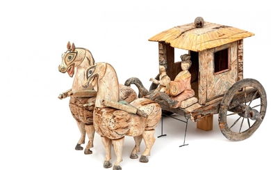 A rare Han dynasty wooden cart with two horses and figures