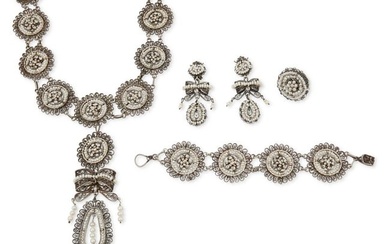A set of silver filigree and seed pearl jewelry
