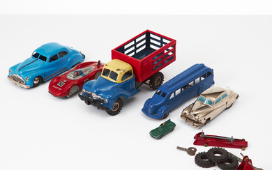 A set of six toy cars, mid 20th century, different brands.