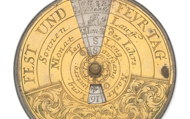 A silver and gilt brass perpetual calendar, German, early 18th...