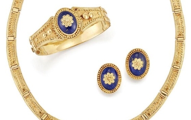 A suite of modern Egyptian, revivalist style jewellery, comprising: a necklace with central crescent shaped panel with domed enamel centre and applied floral motif, to articulated matching tapering panels earrings and bangle (4)