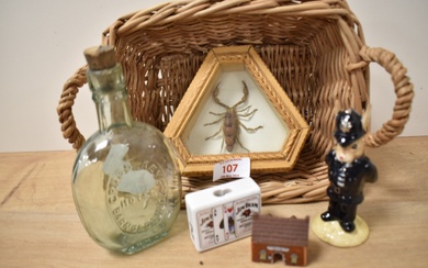 A taxidermy scorpion in triangular carved wood box, a vintage Cross Keys Hotel glass bottle, a Royal