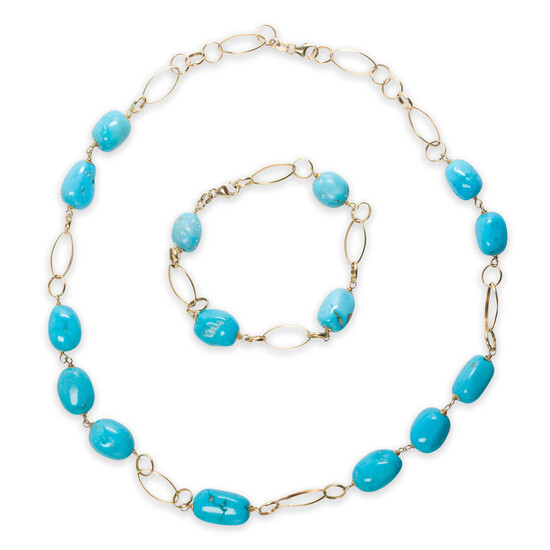 A turquoise and eighteen karat gold necklace and bracelet suite
