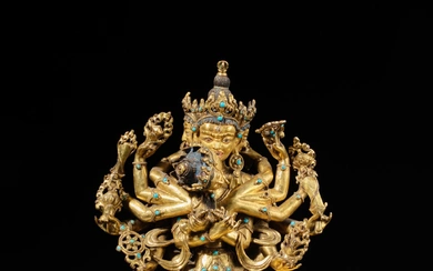 A turquoise-inlaid gilt-copper alloy figure of Guhyasamaja, Tibet, 15th century