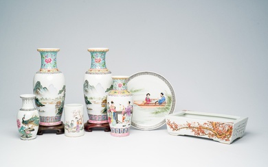 A varied collection of Chinese famille rose and qianjiang cai porcelain with figures, landscapes and...