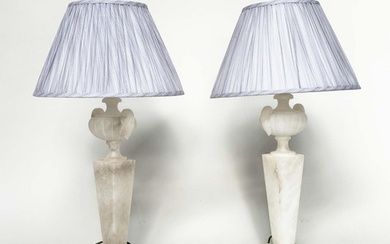 ALABASTER LAMPS, a pair, Italian alabaster each with urn sur...