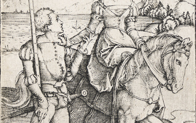 ALBRECHT DÜRER Lady on Horseback and the Lansquenet. Engraving, circa 1497. 106x75 mm...
