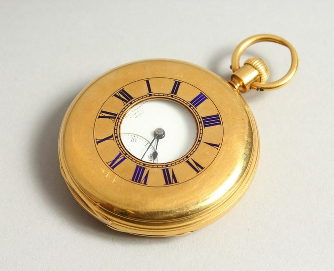 AN 18CT GOLD AND ENAMEL HALF HUNTER POCKET WATCH by