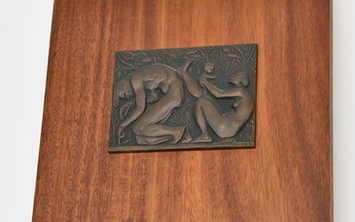 AN ANDOR MESZAROS BRONZE PLAQUE ON BOARD - TWO FIGURES & CHILD FROM 'THE ORGINS'. SIGNED AND DATED 1967. 26 x 19cm