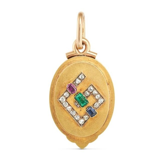AN ANTIQUE DIAMOND, RUBY, EMERALD AND SAPPHIRE LOCKET PENDANT in yellow gold, the oval locket with