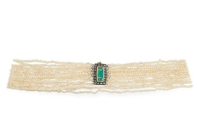 AN ANTIQUE PEARL, EMERALD AND DIAMOND CHOKER NECKLACE