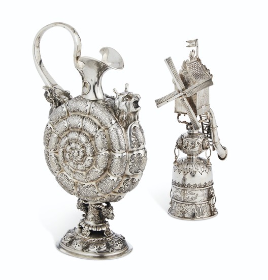 AN AUSTRIAN SILVER EWER AND A DUTCH SILVER WINDMILL CUP, THE EWER MAKER'S MARK HR CONJOINED, POSSIBLY FOR HERMANN RATZERSDORFER, VIENNA, LATE 19TH CENTURY, THE WINDMILL CUP MAKER'S MARK VS, PROBABLY FOR JAC. VAN STRATEN OF HOOM, EARLY 20TH CENTURY